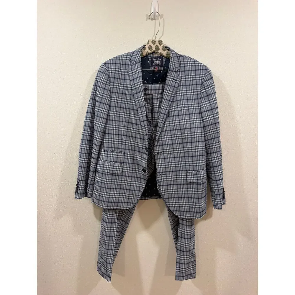 The Savile Row Co. Hoxton Light Blue Grey Plaid Stretch Suit